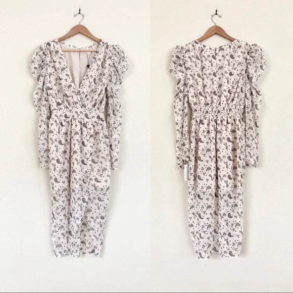 FOR LOVE & LEMONS Sand Paisley Long Sleeve Midi Dress in White